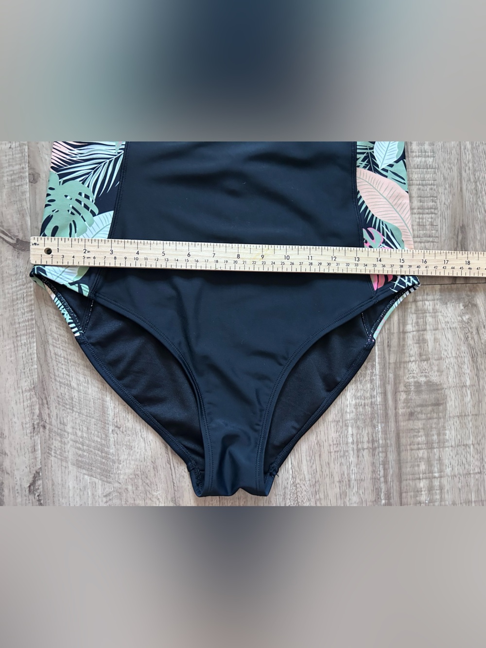 Black Long Sleeve One-Piece Swimsuit with Tropical Side Panels scoop back modest - Picture 5 of 8